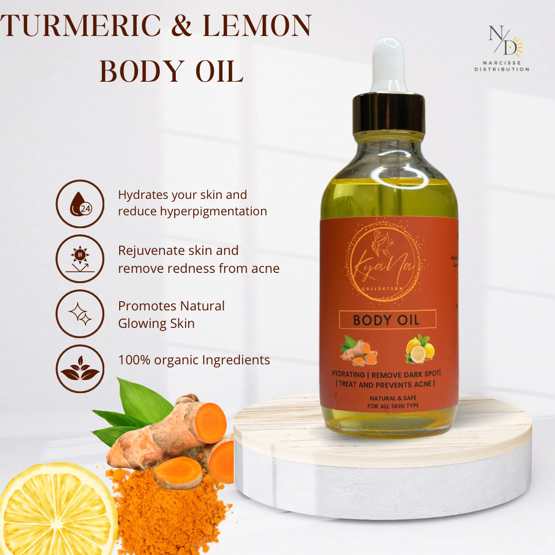 1Pc Turmeric & Lemon Body Oil - 100% Organic Turmeric Oil for Dark Spots - Cleanses Skin, Fights Acne, Evens Tone, Heals Scars - Pure Handcrafted Turmeric Oil Skincare, Hand made product