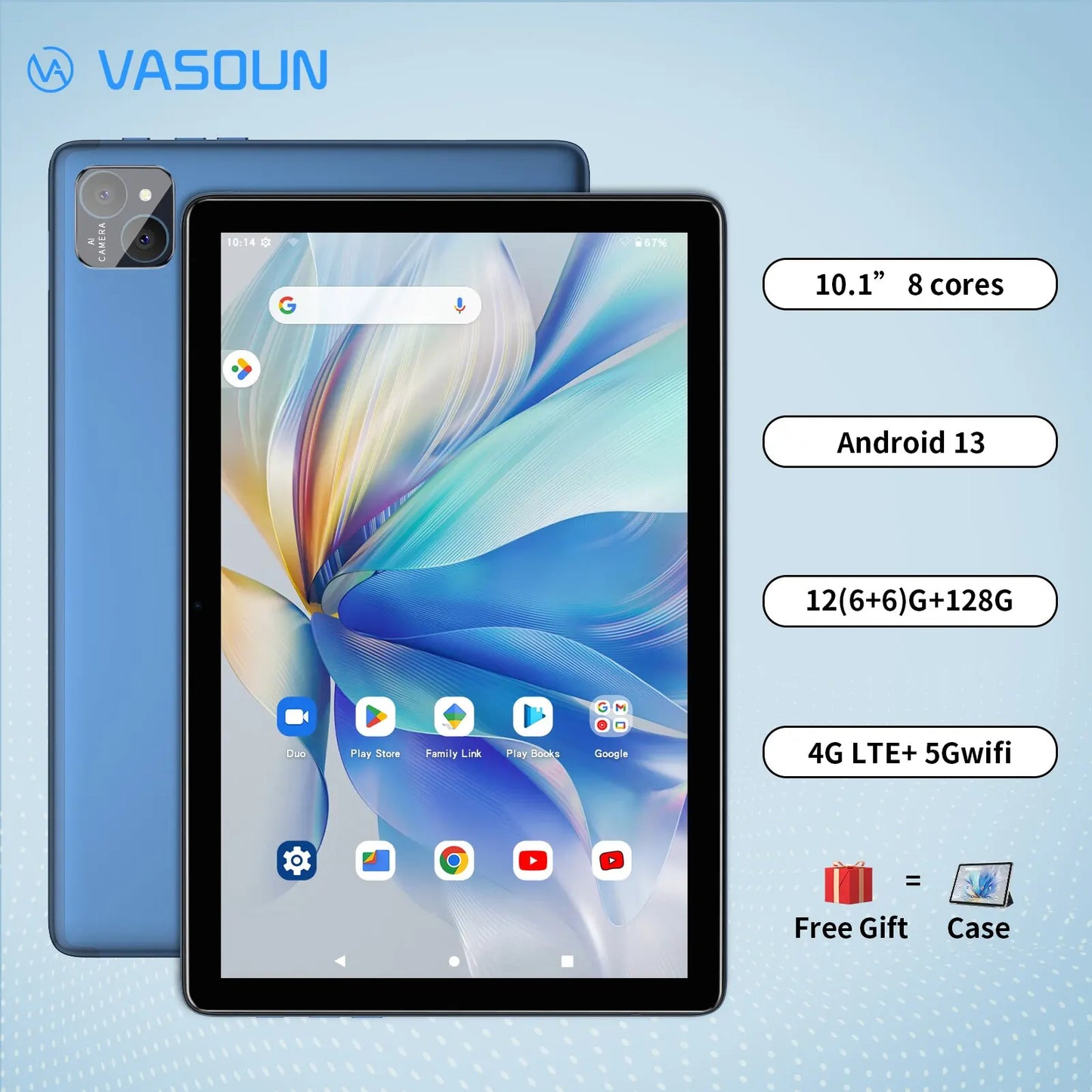Android 13 Tablet 10.1", 12GB(6+6 Expand) RAM, 128GB ROM, Octa Core, DUAL SIM 4G UNLOCKED With 2.4G/5G WiFi GPS
