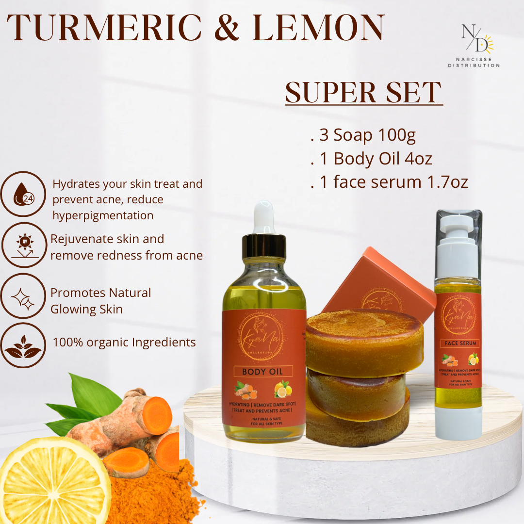 1 SET Turmeric & Lemon of (Soap Bar Body Oil + Face Serum) - 100% Organic Turmeric Oil for Dark Spots - Cleanses Skin, Fights Acne, Evens Tone, Heals Scars - Pure Handcrafted Turmeric Oil Skincare, Hand made product