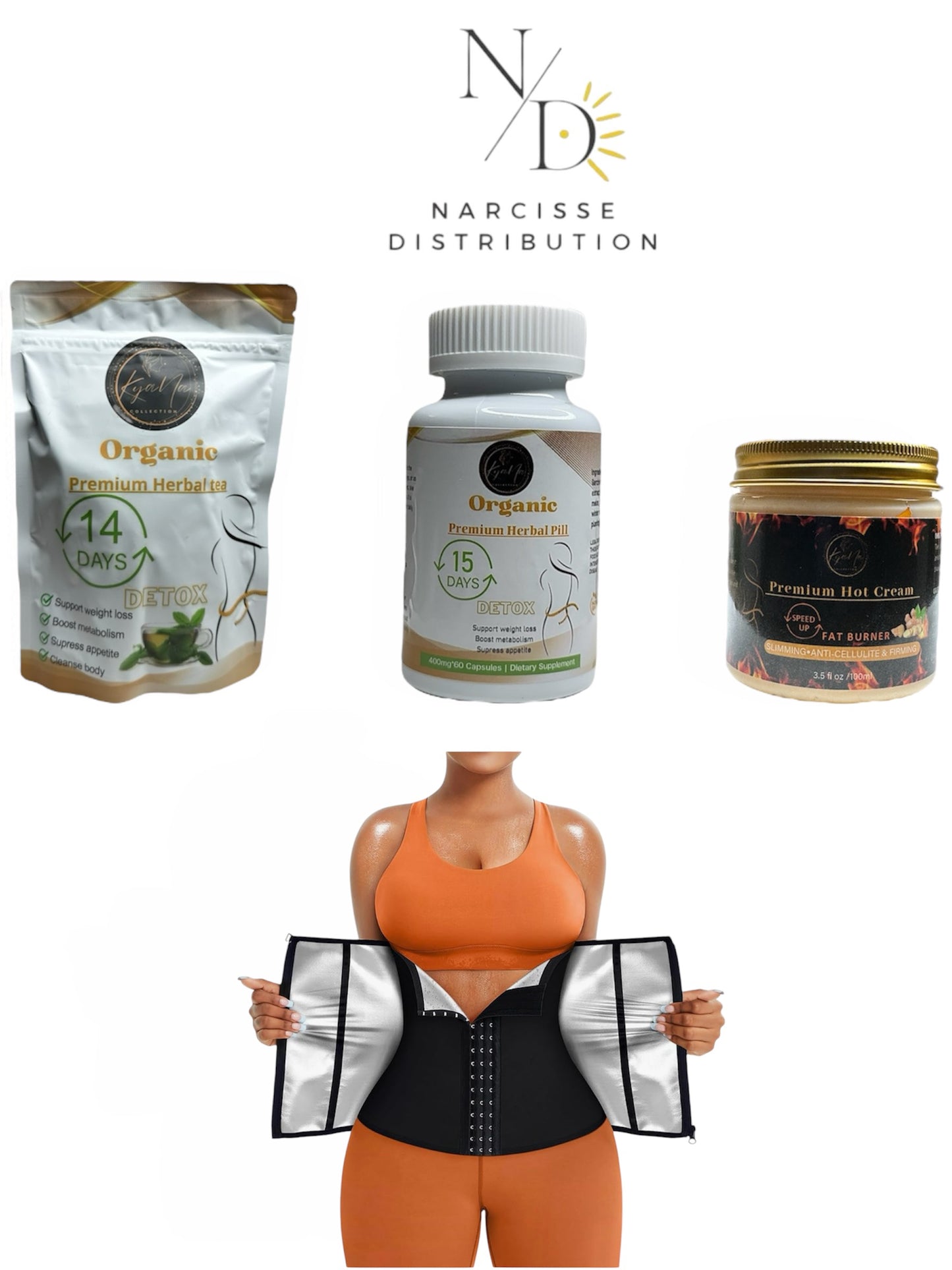 1 SET for 30 Days DETOX (1 Bg Premium Herbal tea + 1 Bottle of 60 Capsules Premium Herbal Pill + 1 Pc Anti-cellulite & Slimming Premium Hot Cream + 1 waist trainer)