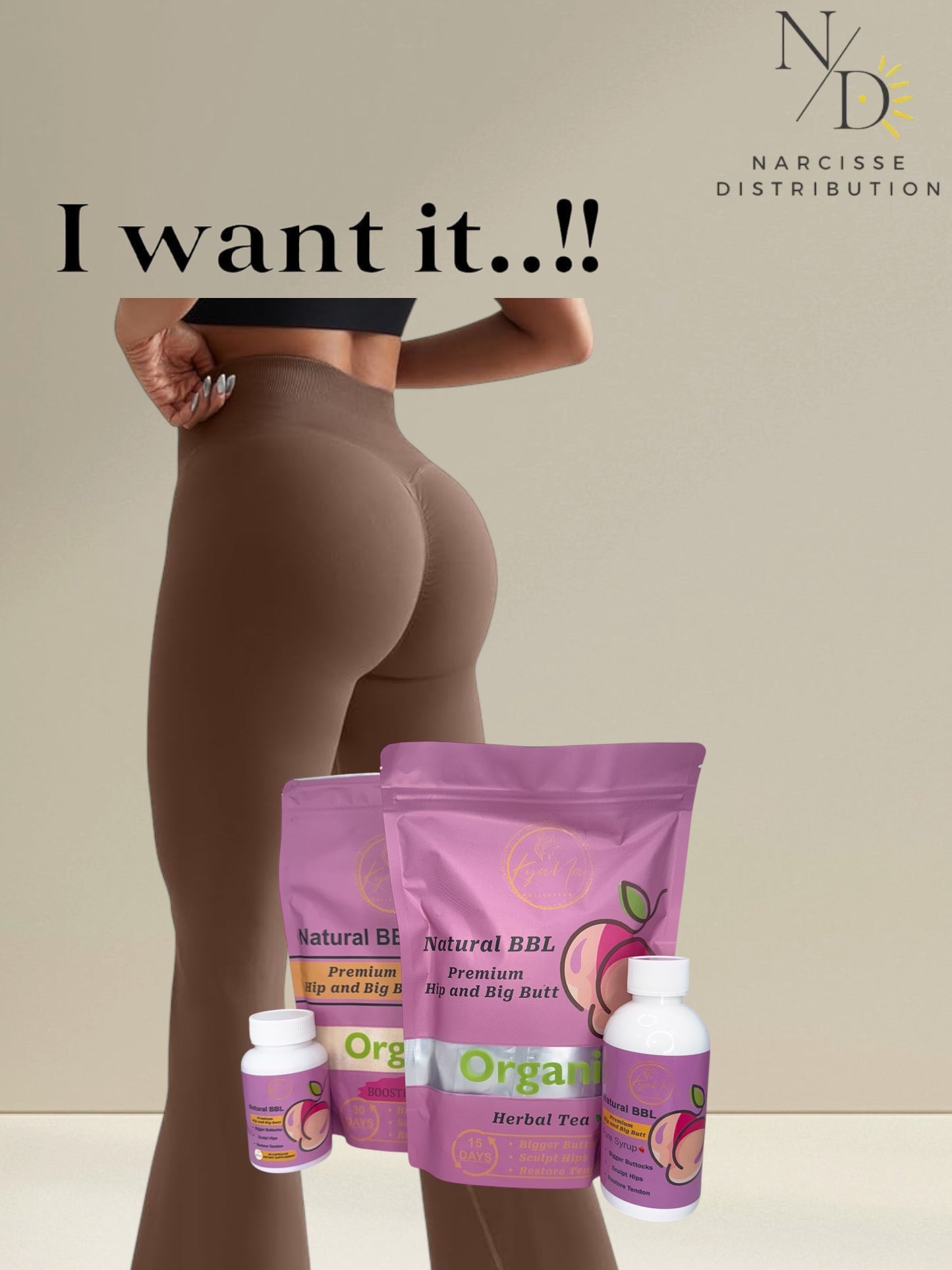 Super KIT Natural BBL - (1 bg Organic Herbal Tea Powder + 1 lb Organic Booster Powder + 1 Bottle 60 Capsules + 1 bottle, 200ml Pure Organic Syrup)-Premium Hip and Big Butt