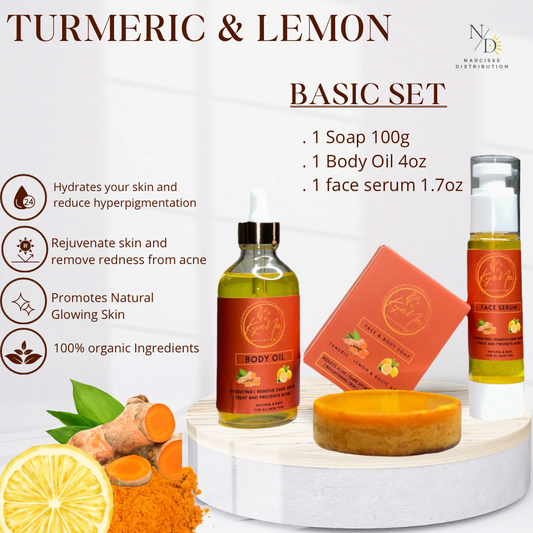 1 SET Turmeric & Lemon of (Soap Bar Body Oil + Face Serum) - 100% Organic Turmeric Oil for Dark Spots - Cleanses Skin, Fights Acne, Evens Tone, Heals Scars - Pure Handcrafted Turmeric Oil Skincare, Hand made product