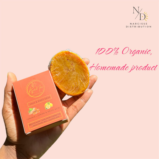 1 Pc Turmeric, Lemon & Kojic acid Soap Bar - 100% Organic Turmeric Oil for Dark Spots - Cleanses Skin, Fights Acne, Evens Tone, Heals Scars - Pure Handcrafted Turmeric Oil Skincare, Hand made product