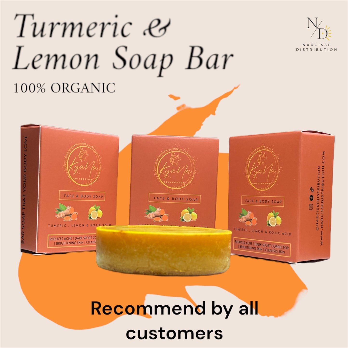 1 Pc Turmeric, Lemon & Kojic acid Soap Bar - 100% Organic Turmeric Oil for Dark Spots - Cleanses Skin, Fights Acne, Evens Tone, Heals Scars - Pure Handcrafted Turmeric Oil Skincare, Hand made product